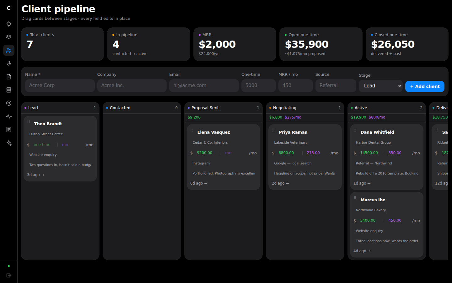 Pipeline — Every client by stage, with the deal value and how long since anyone spoke.